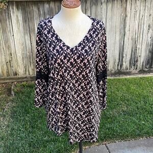 Ava James Floral Flare Sleeve Top Black Lace Insert Long Sleeve Women's Large